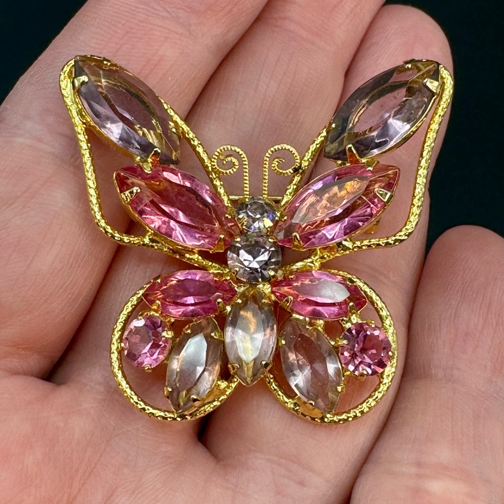 Rhinestone Butterfly Prong Set Brooch Gold Tone